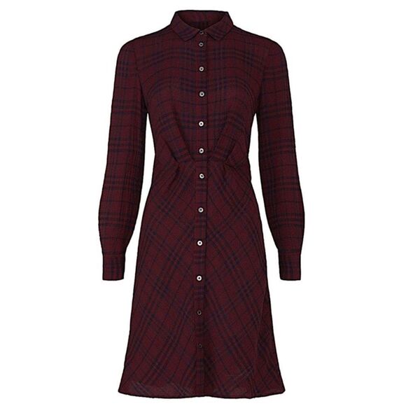 THAKOON COLLECTIVE | Plaid Burgundy & Navy Blue Crepe Shirt Dress Women’s Size 0 - Picture 14 of 14